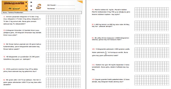 4.Sınıf Matematik Tartma Problemleri Etkinliği 2