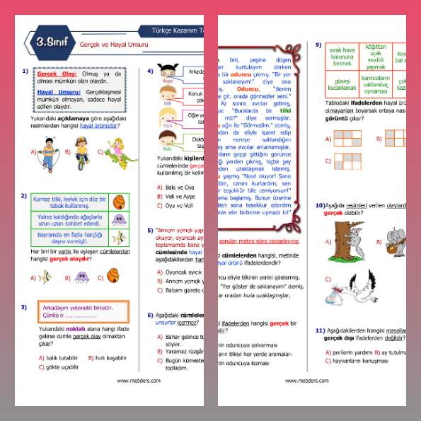 3. Sınıf Türkçe Gerçek ve Hayal Unsuru Kazanım Testi