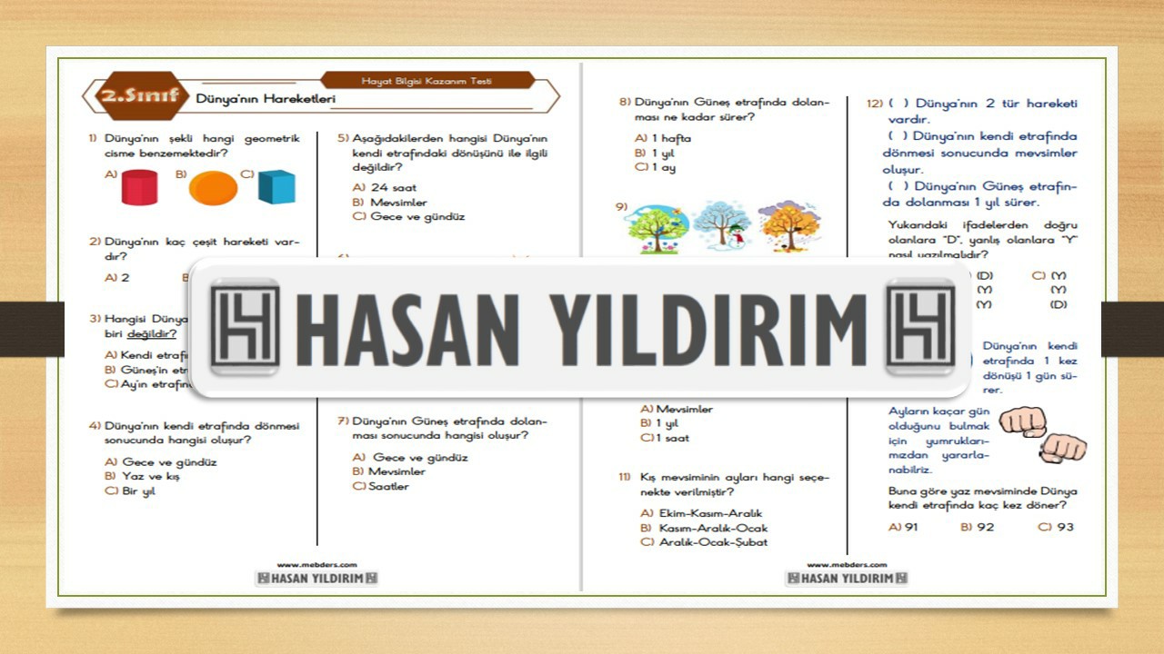 2.Sınıf Hayat Bilgisi Dünya'nın Hareketleri Testi