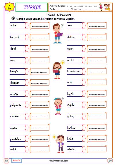 3. Sınıf Türkçe Yazım Yanlışları Etkinliği