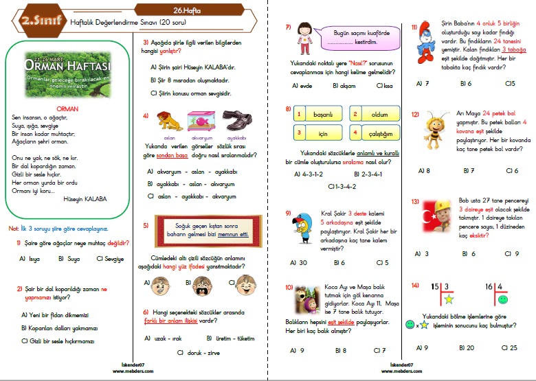 2.Sınıf Haftalık Değerlendirme Testi - 26.Hafta (27-31 Mart)