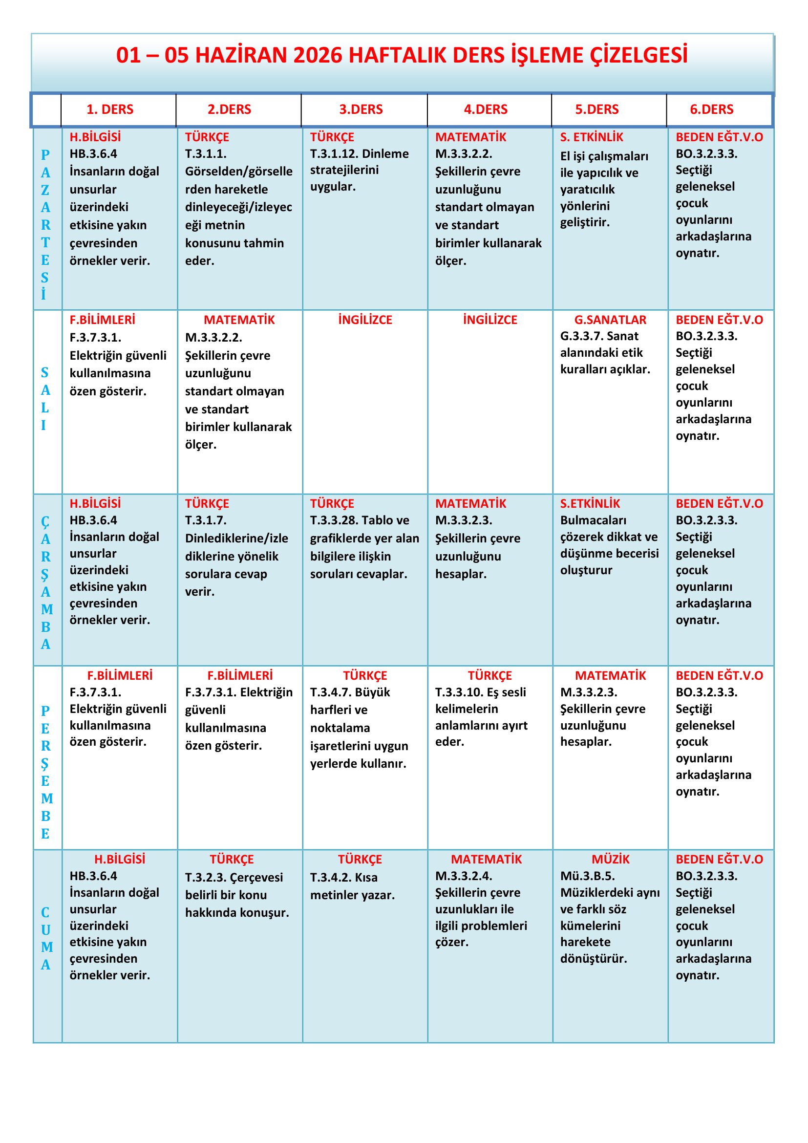 3.Sınıf 01 - 05 Haziran 2026 Haftalık Ders İşleme Çizelgesi.doc