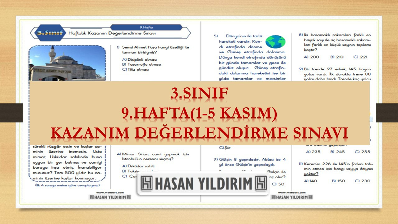 3.Sınıf Haftalık Değerlendirme Testi-9.Hafta(1-5 Kasım)