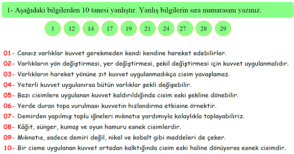 4.Sınıf Fen Bilimleri Kuvvetin Etkileri Doğru-Yanlış Etkinliği