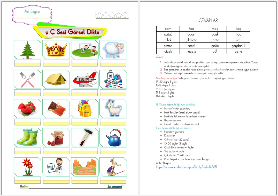 1. Sınıf İlk Okuma Yazma Ç Sesi GÖRSEL DİKTE