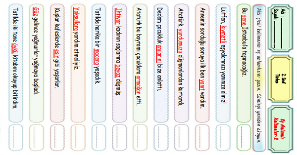 2.Sınıf Türkçe Eş Anlamlı Kelimeler-2