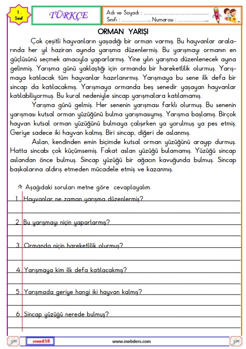 1. Sınıf Türkçe Okuma ve Anlama Metni Etkinliği (Orman Yarışı)