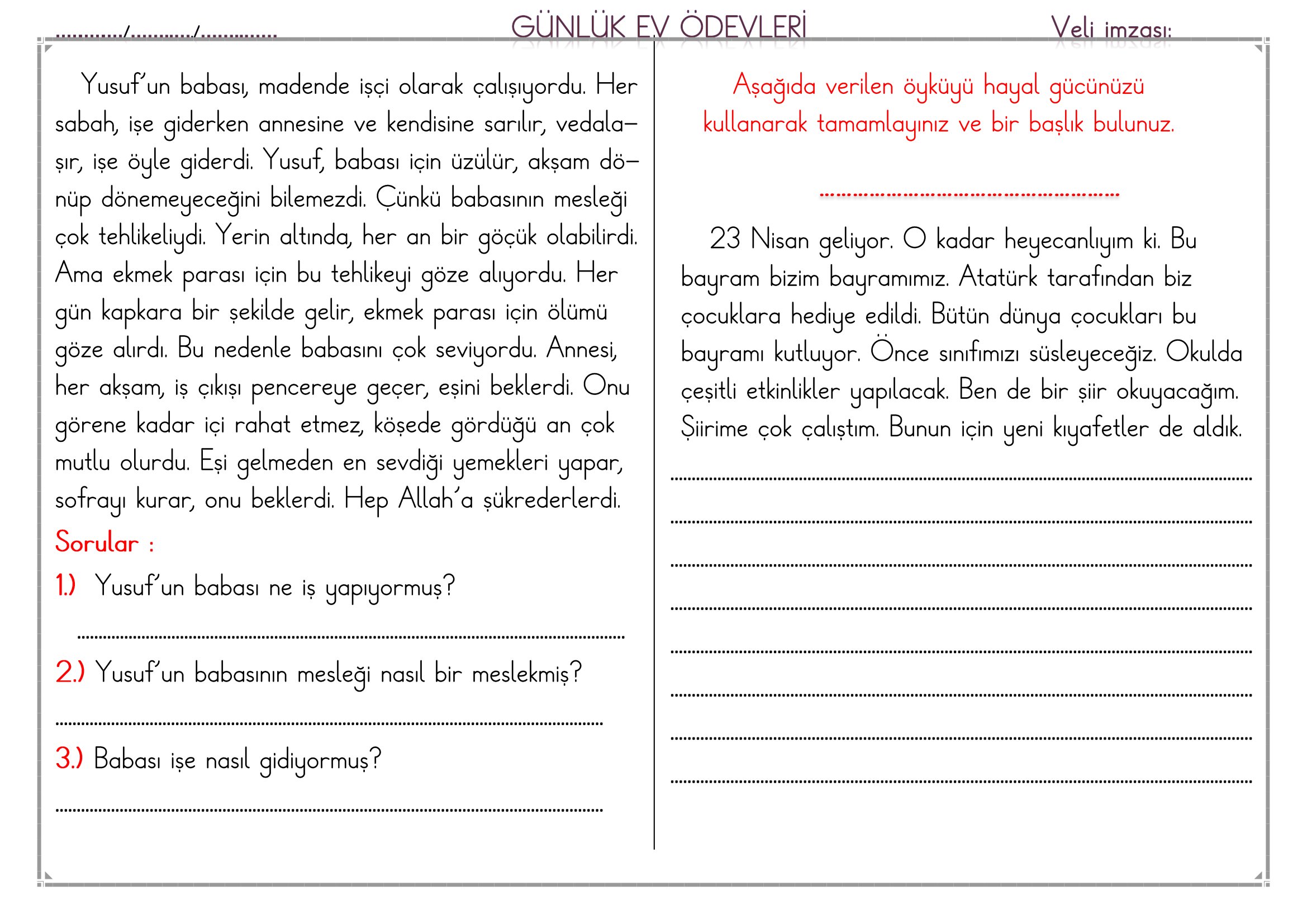 1.Sınıf - 24 Mart 2026 Günlük Ev Ödevleri