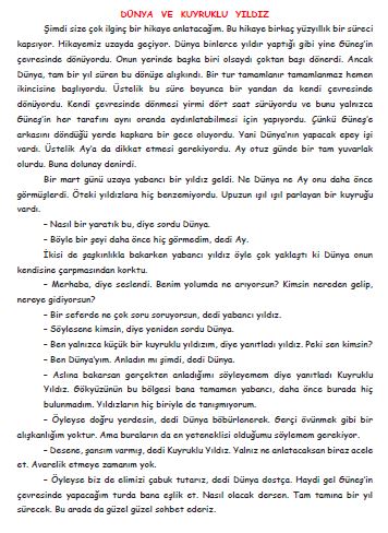 3.Sınıf Türkçe Dünya ve Kuyruklu Yıldız ( Düz metin şekli)