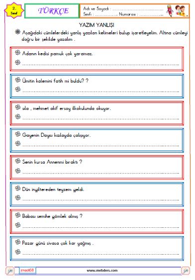 2. Sınıf Türkçe Yazım Yanlışları Etkinliği