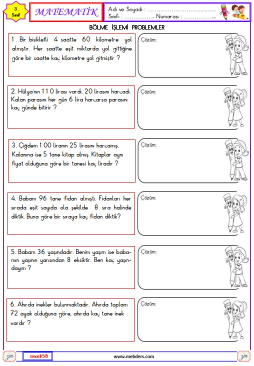 3. Sınıf Matematik Bölme İşlemi Problemler Etkinliği 3