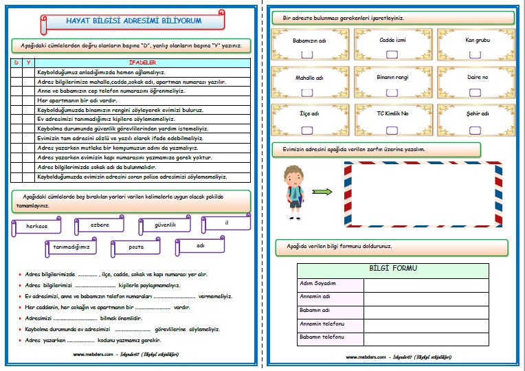 2.Sınıf Hayat Bilgisi Adresimi Biliyorum Etkinlik Çalışması