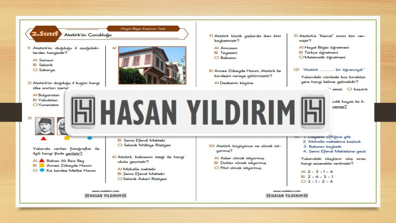 2.Sınıf Hayat Bilgisi Atatürk'ün Çocukluğu Testi 1