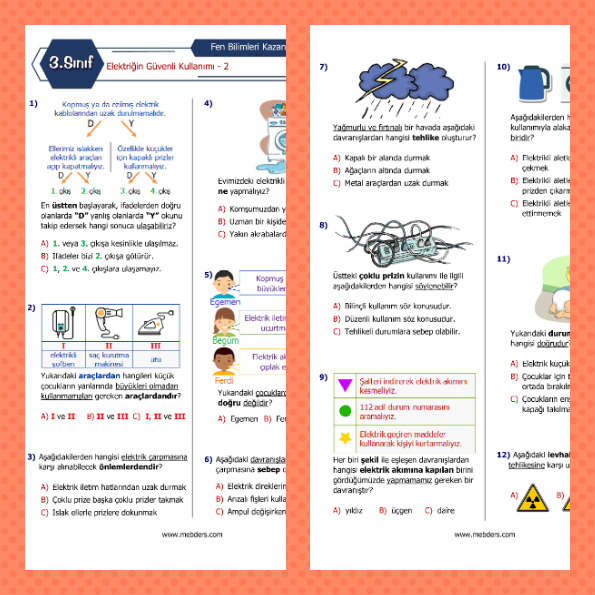 3. Sınıf Fen Bilimleri Elektriğin Güvenli Kullanımı-2 Kazanım Testi