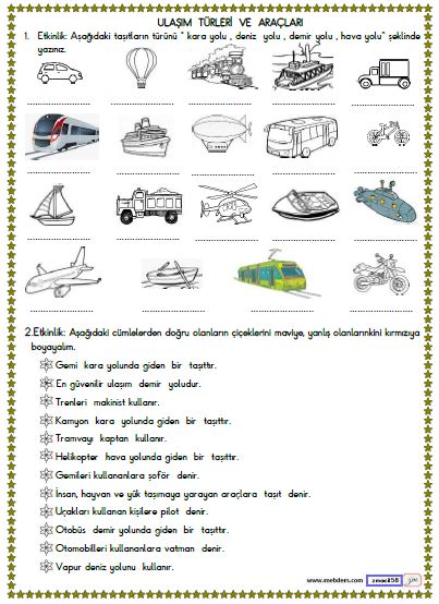 2. Sınıf Hayat Bilgisi Ulaşım Türleri ve Araçları Etkinliği