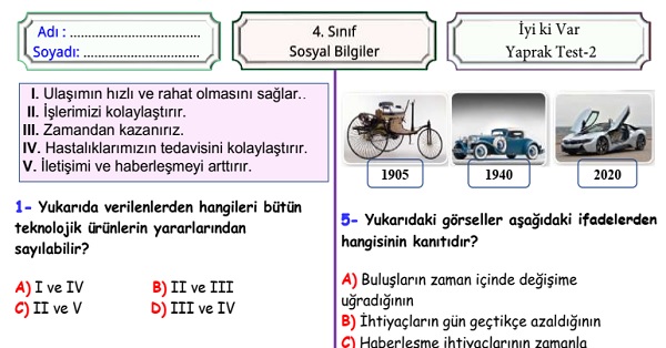 4.Sınıf Sosyal Bilgiler İyi ki Var Ünitesi Yaprak Test 2