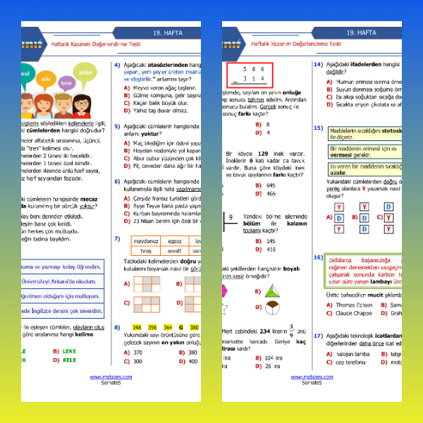 4. Sınıf Haftalık Değerlendirme Testi - 19. Hafta