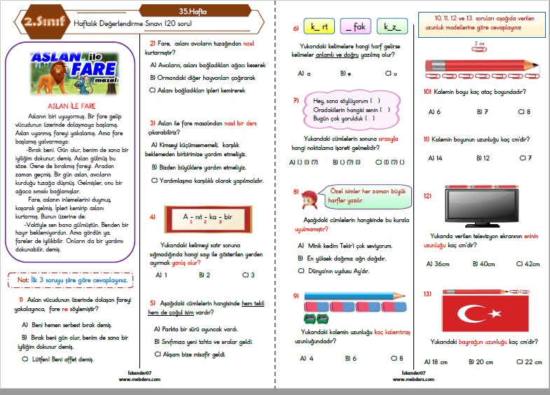 2.Sınıf Haftalık Değerlendirme Testi - 35.Hafta (05-09 Haziran)