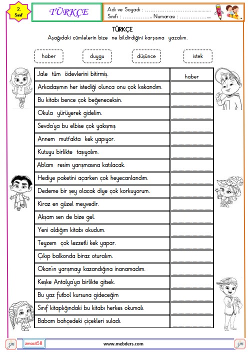 2. Sınıf Türkçe Duygu, Düşünce, Haber ve İstek Cümleleri Etkinliği 6