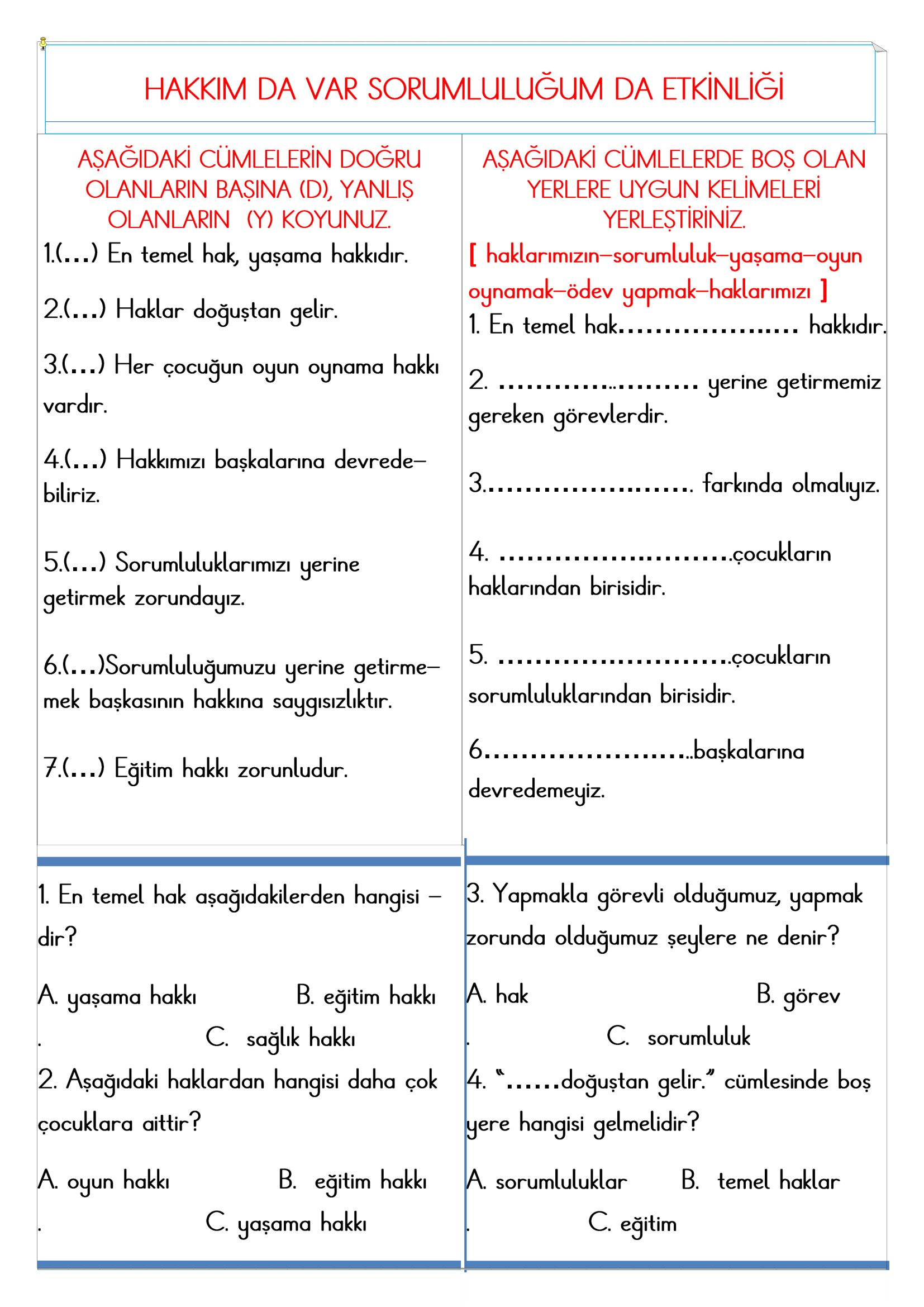 3.Sınıf - Hayat Bilgisi Hakkım da Var Sorumluluğum da Etkinliği