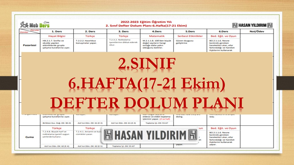 2022-2023 Eğitim Öğretim Yılı 2. Sınıf 6. Hafta (17-21 Ekim) Defter Dolum Planı