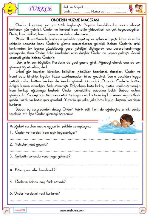 3. Sınıf Türkçe Okuma ve Anlama Metni Etkinliği ( Önder'in Yüzme Macerası )