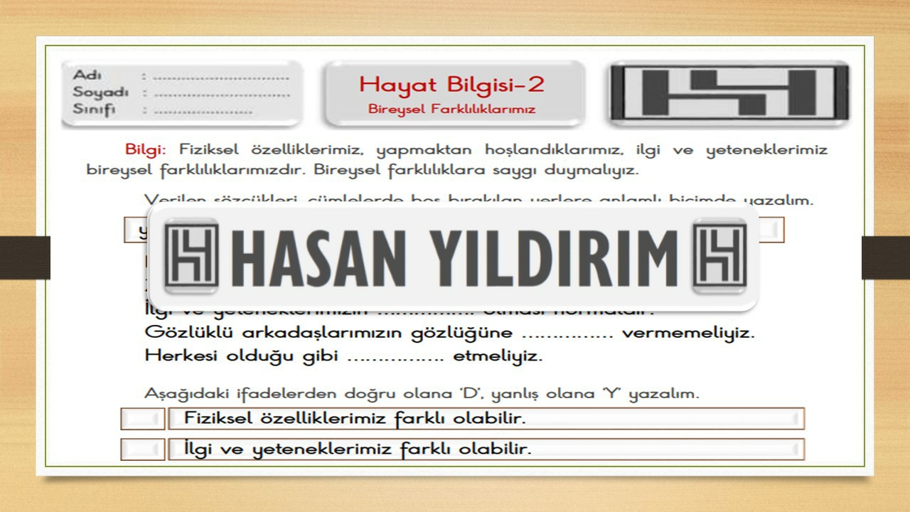 2.Sınıf Hayat Bilgisi Bireysel Farklılıklarımız Çalışma Sayfası