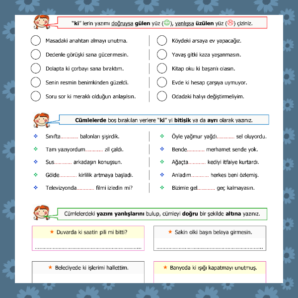 4. Sınıf Türkçe - Ki Bağlacı ve Ekinin Yazımı Etkinliği