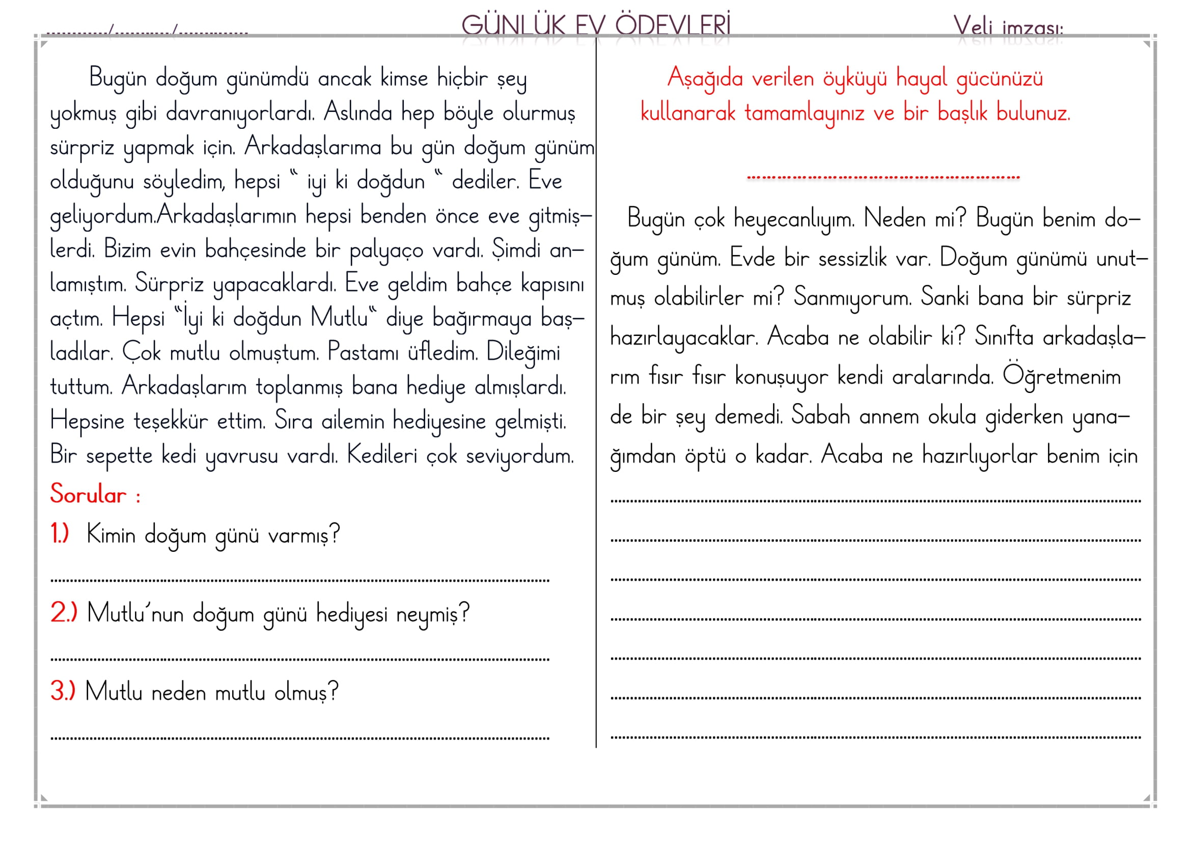 1.Sınıf 28 Şubat 2025 Günlük Ev Ödevi