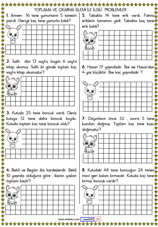 1. Sınıf Matematik Toplama ve Çıkarma İşlemi Problemleri Etkinliği 1