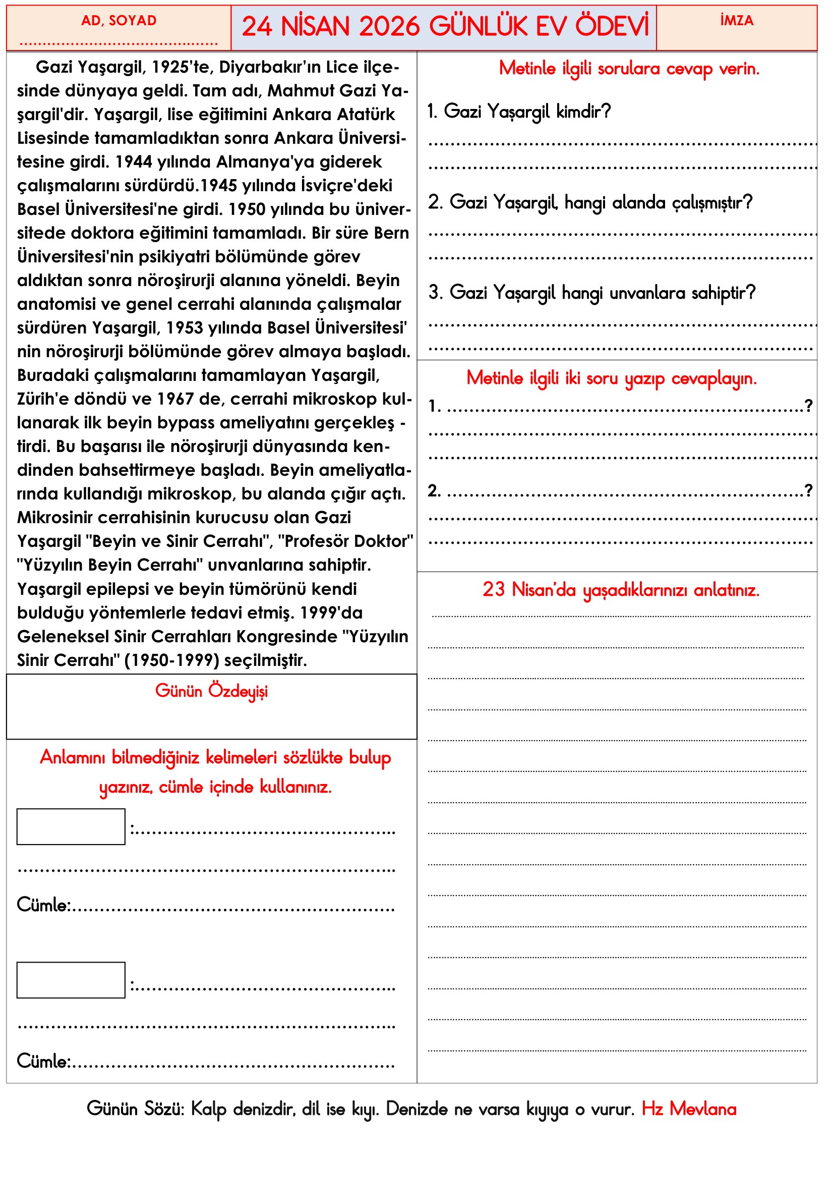 3.Sınıf - 24 Nisan 2026 Günlük Ev Ödevleri