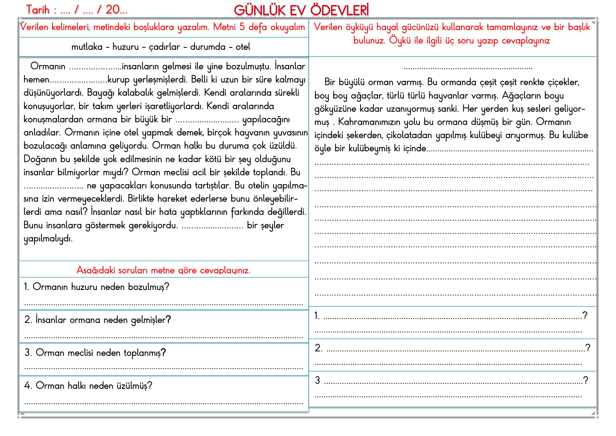 2.Sınıf - 01 Haziran 2026 Günlük Ev Ödevleri