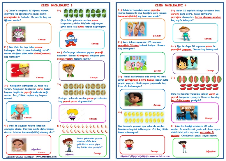 2.Sınıf Matematik Kesir Problemleri 3-4  (2 Sayfa-16 Soru)