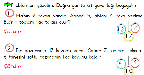 1.Sınıf Matematik Toplama ve Çıkarma İşlemi Problemleri 1