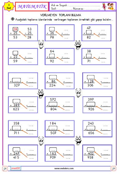 3. Sınıf Matematik Verilmeyen Toplananı Bulma Etkinliği 1