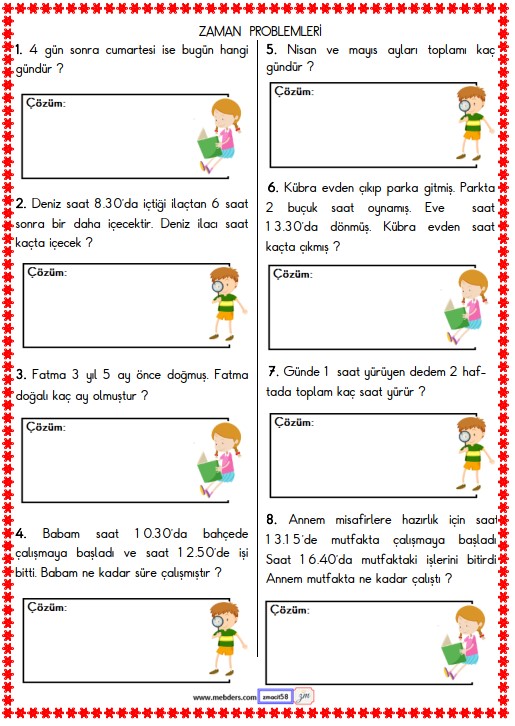 2. Sınıf Matematik Zaman Problemleri Etkinliği 8