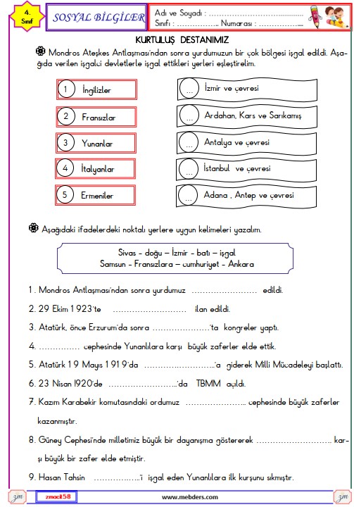 4. Sınıf Sosyal Bilgiler Kurtuluş Destanımız Etkinliği 2