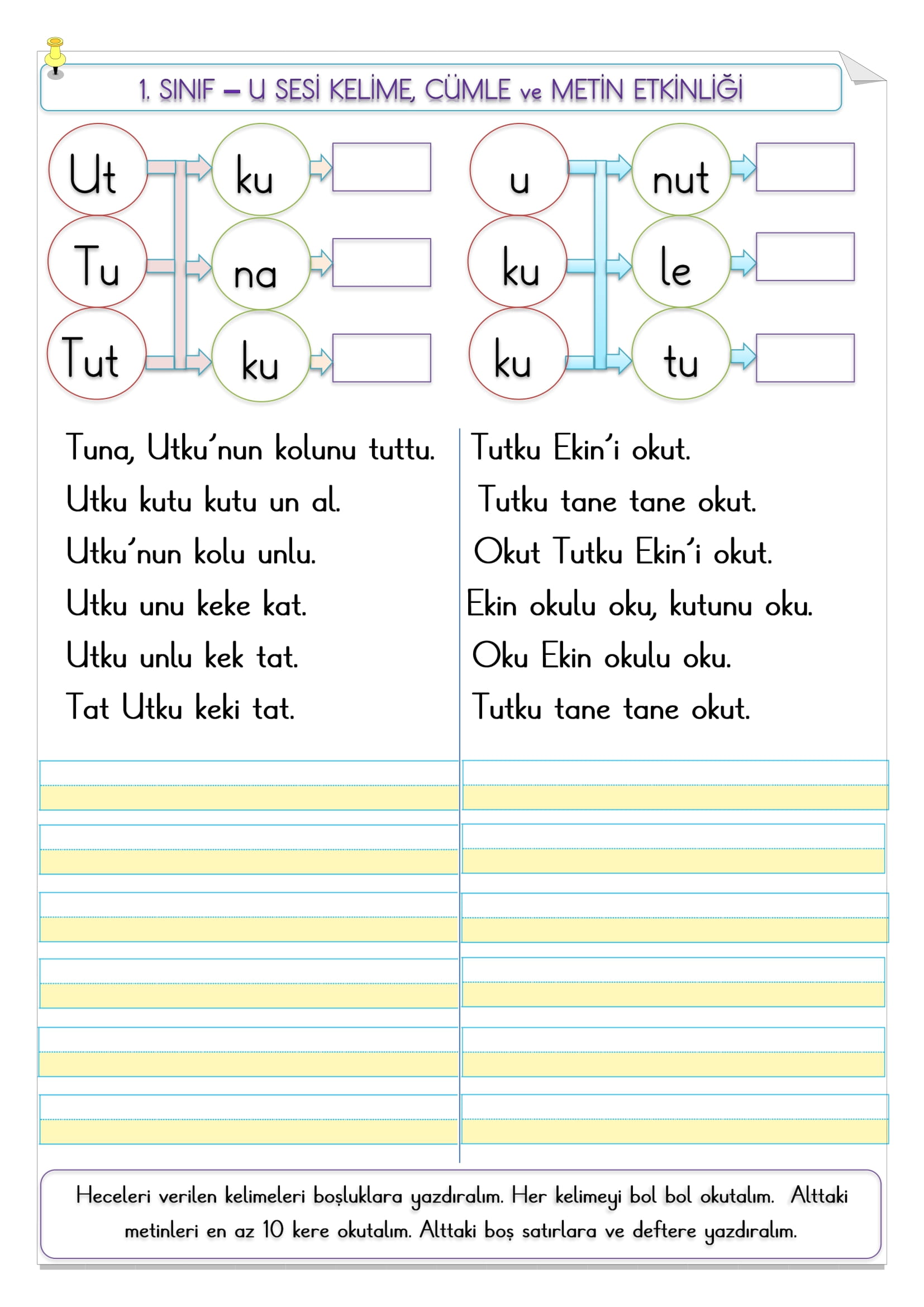 1.Sınıf  İlk Okuma Yazma U sesi kelime, cümle ve metin etkinliği
