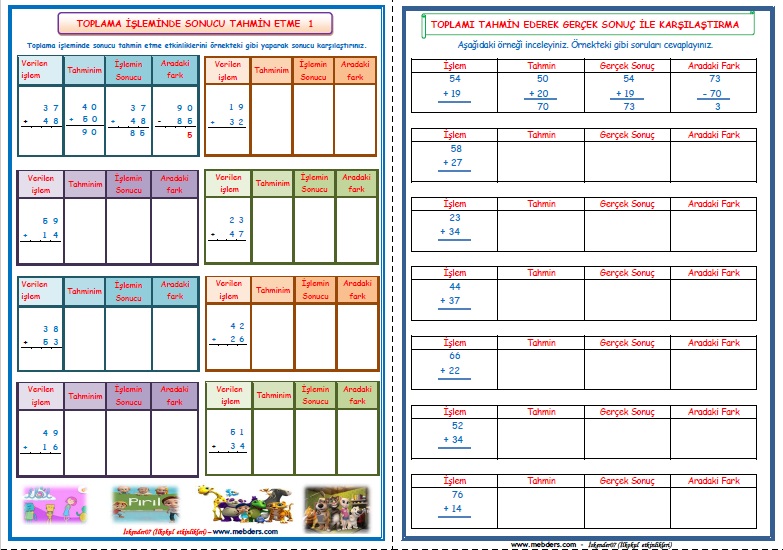 2.Sınıf Matematik  Toplamı Tahmin Etme  Çalışması (4 Sayfa)