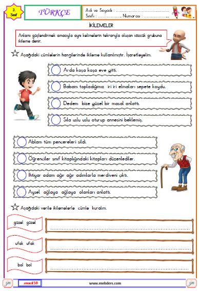 3. Sınıf Türkçe İkilemeler Etkinliği