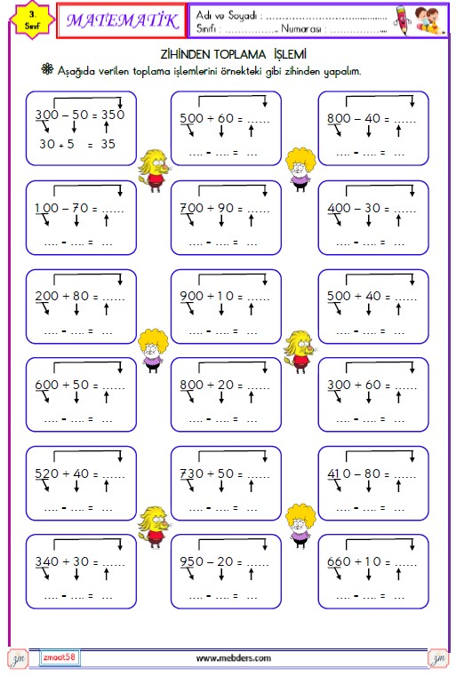 3. Sınıf Matematik Zihinden Toplama İşlemi Etkinliği 2