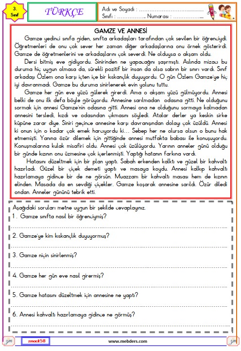 3. Sınıf Türkçe Okuma ve Anlama Metni Ettkinliği (Gamze ve Annesi)