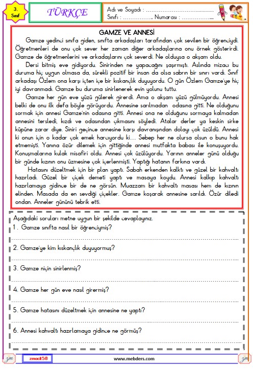 3. Sınıf Türkçe Okuma ve Anlama Metni Etkinliği (Gamze ve Annesi)