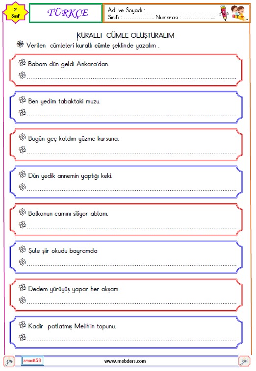 2. Sınıf Türkçe Kurallı  Cümle  Etkinliği