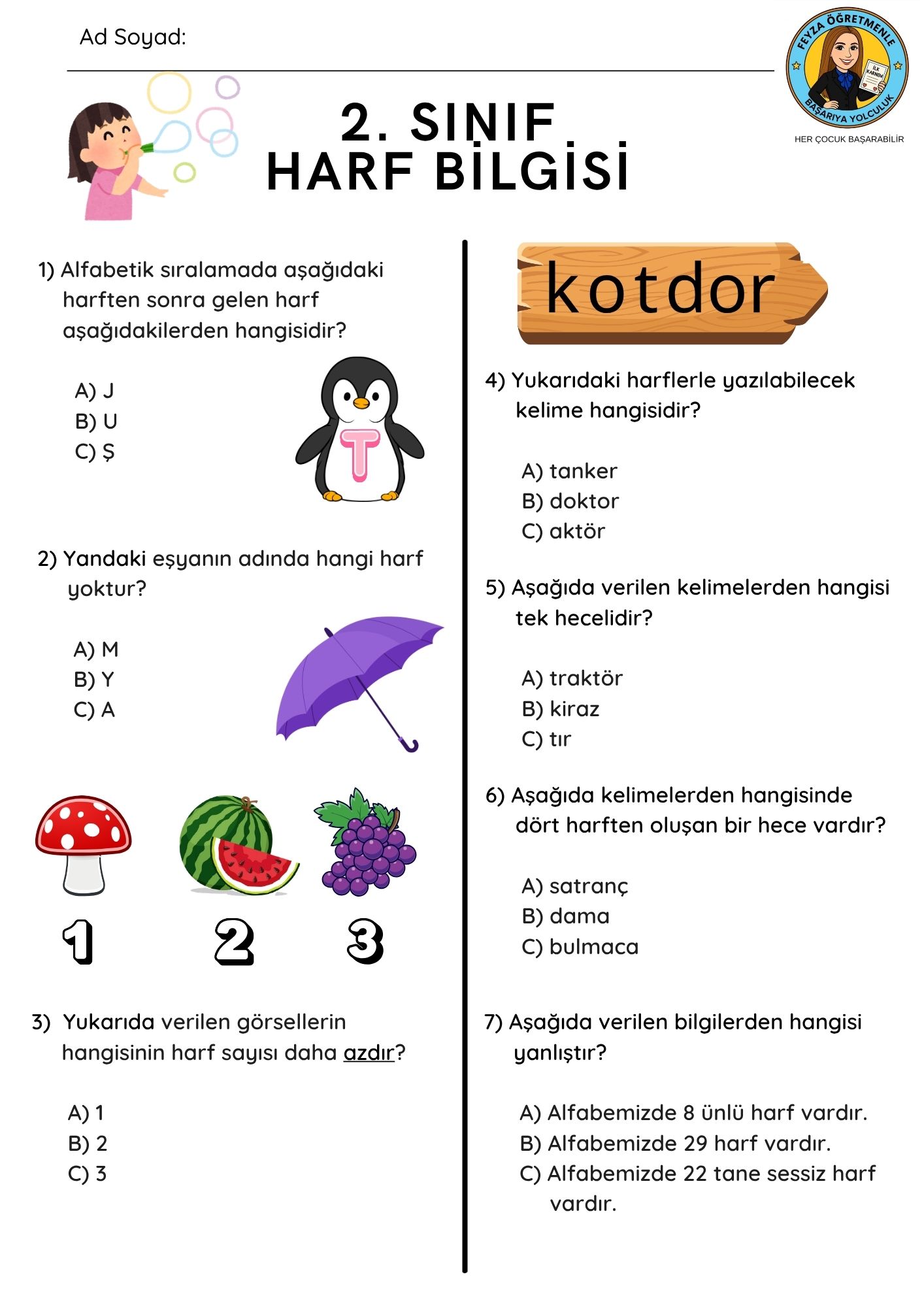 2. Sınıf Türkçe Harf Bilgisi Değerlendirme Testi
