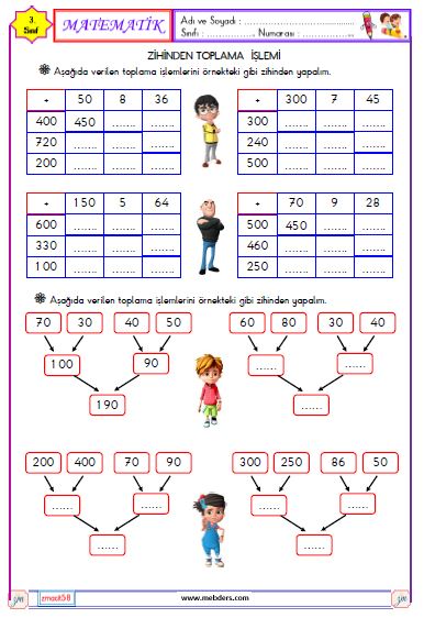 3. Sınıf Matematik Zihinden Toplama İşlemi Etkinliği 3