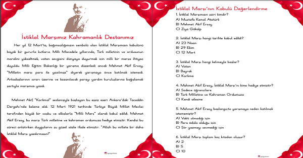 İstiklal Marşı Okuma Anlama Boyama Etkinliği