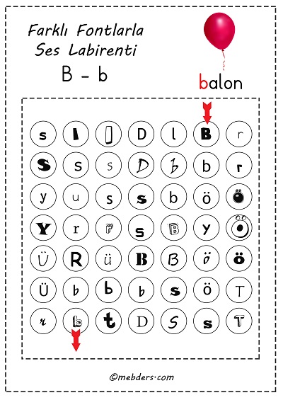 Farklı fontlarla ses labirenti - b sesi