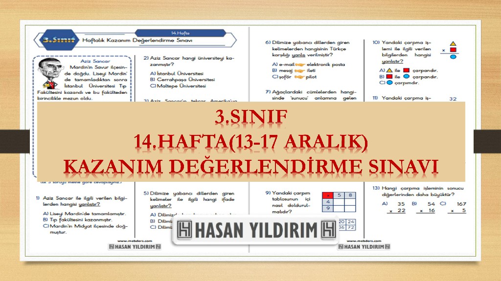 3.Sınıf Haftalık Değerlendirme Testi-14.Hafta(13-17 Aralık)