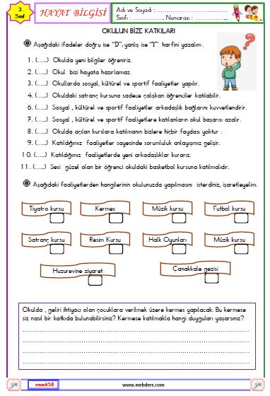 3. Sınıf Hayat Bilgisi Okulun Bize Katkıları Etkinliği